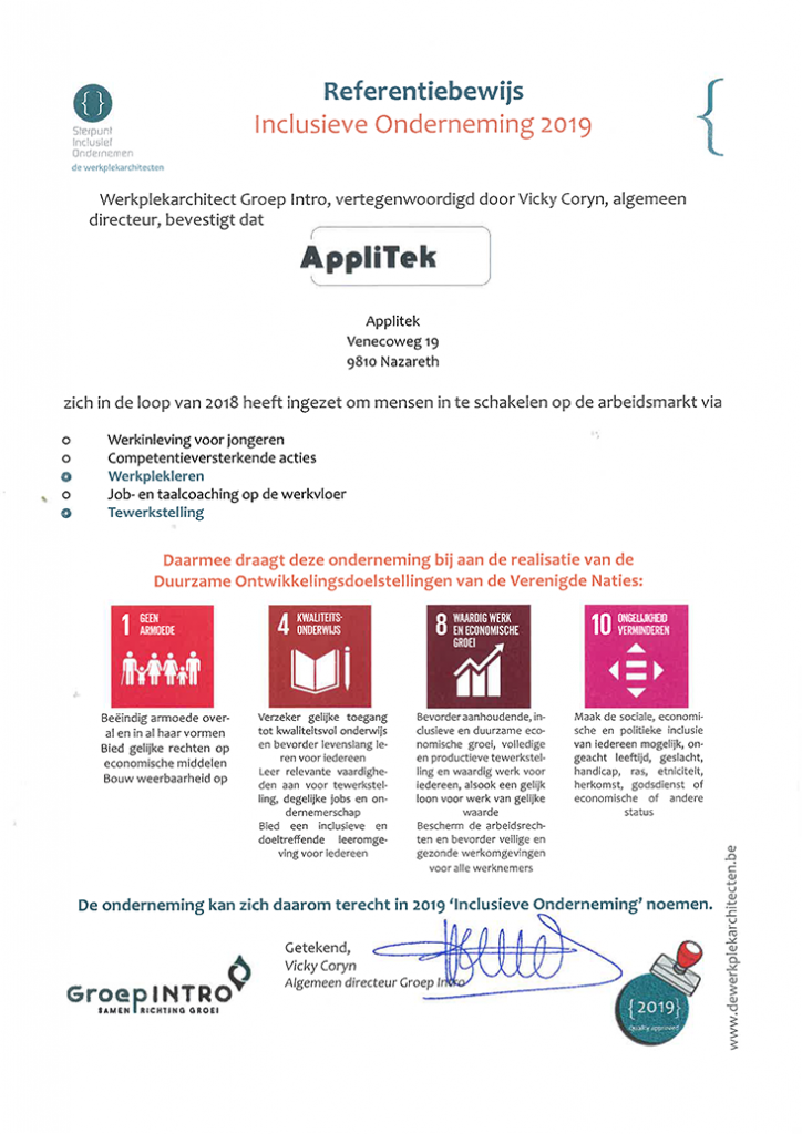 Referentiebewijs Inclusieve Onderneming 2019 - AppliTek Nazareth